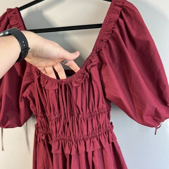 En Saison Maroon Puff Sleeve Tiered Cotton Midi Dress M Cottagecore Milkmaid - Picture 15 of 16